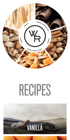 Mobile view of flavor wheel interface with recipes section and vanilla flavor note