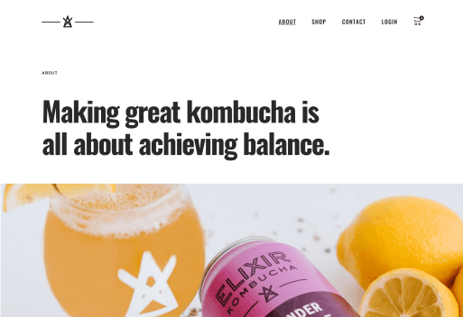 About page design with brand philosophy statement and lifestyle imagery featuring kombucha with fresh citrus