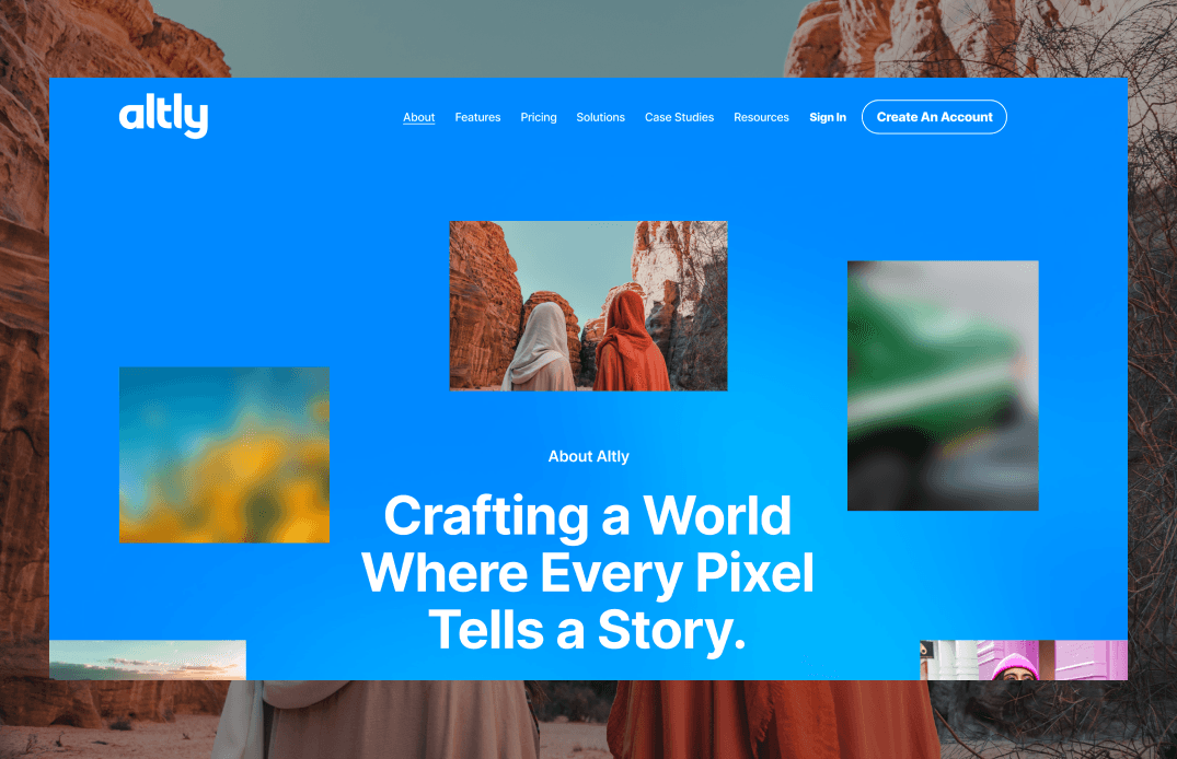 About page header with photo collage and storytelling messaging