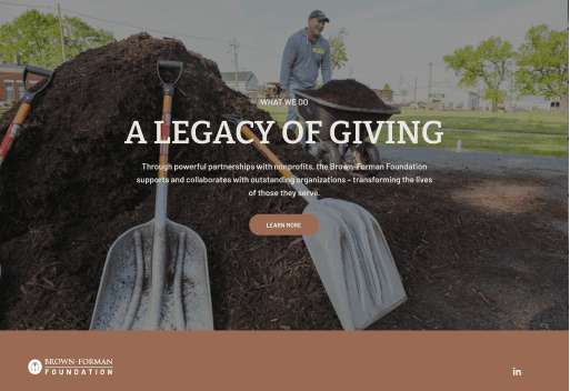 A Legacy of Giving hero section showing community gardening volunteers