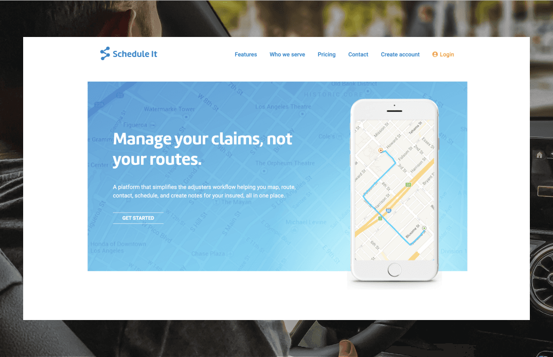 Schedule It homepage hero section featuring the tagline ‘Manage your claims, not your routes’ with a smartphone displaying the route optimization map interface