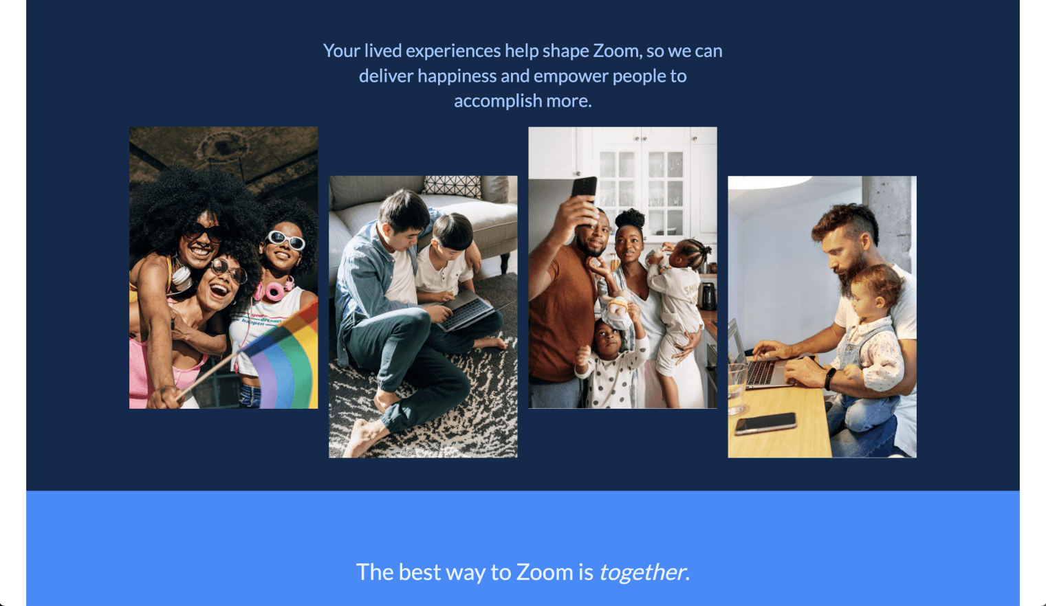 Lived experiences photo gallery celebrating diverse Zoom employees with Pride flag