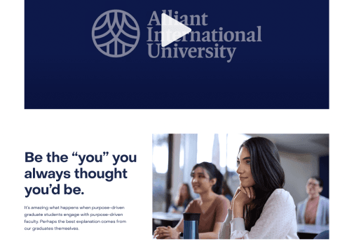 Video section with university branding and student imagery featuring the headline ‘Be the you you always thought you’d be’