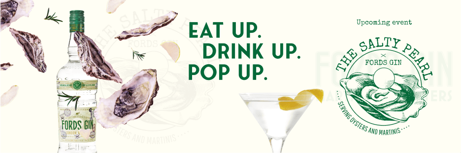 Digital banner ad for The Salty Pearl pop-up event featuring oysters, Ford’s Gin bottle, and martini glass