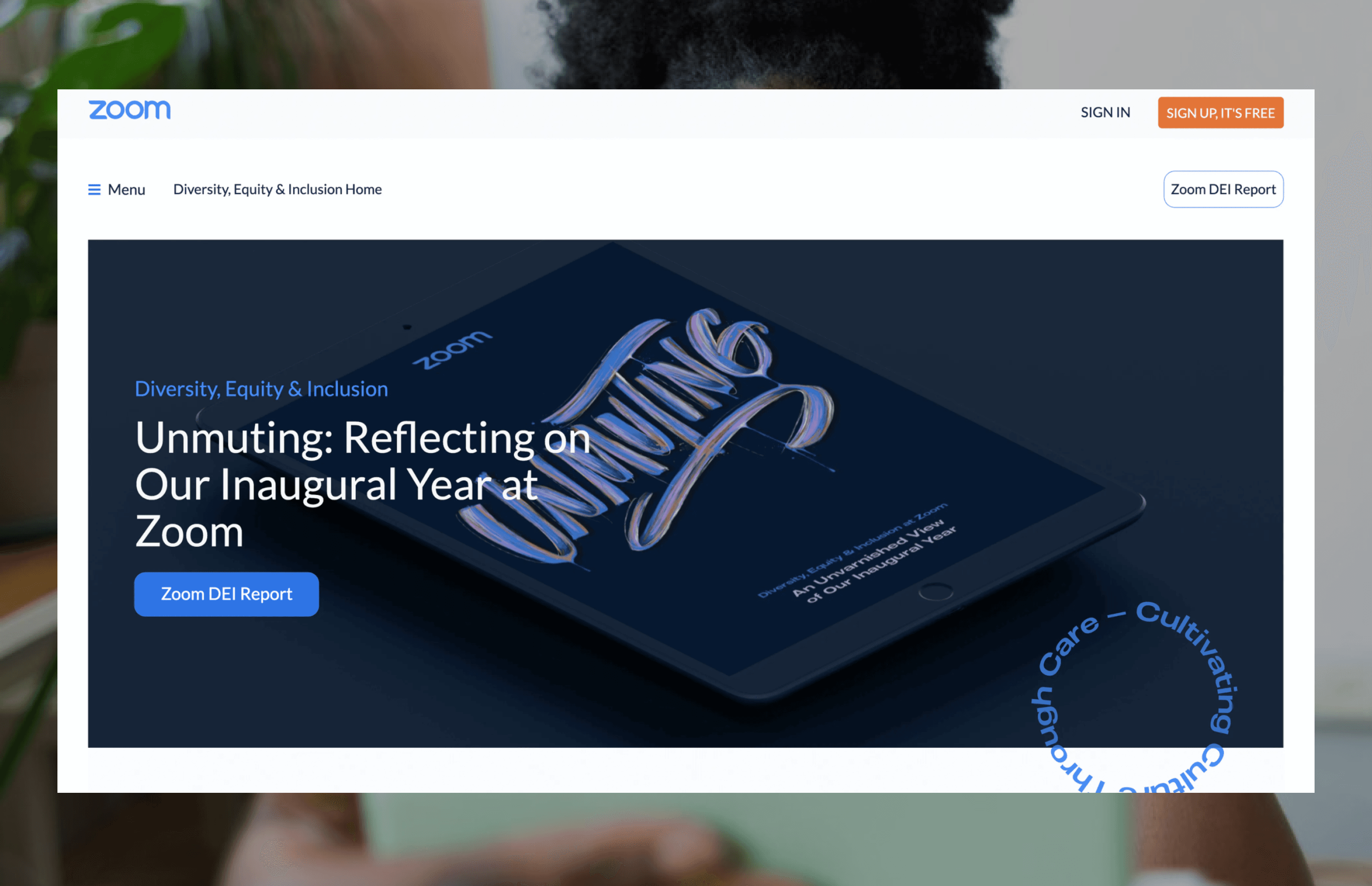 Zoom Diversity, Equity & Inclusion homepage featuring the Unmuting report hero section