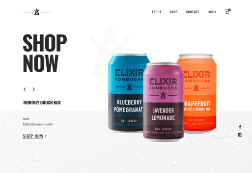 Shop Now page design featuring Monthly Booch Box subscription with three kombucha flavor cans