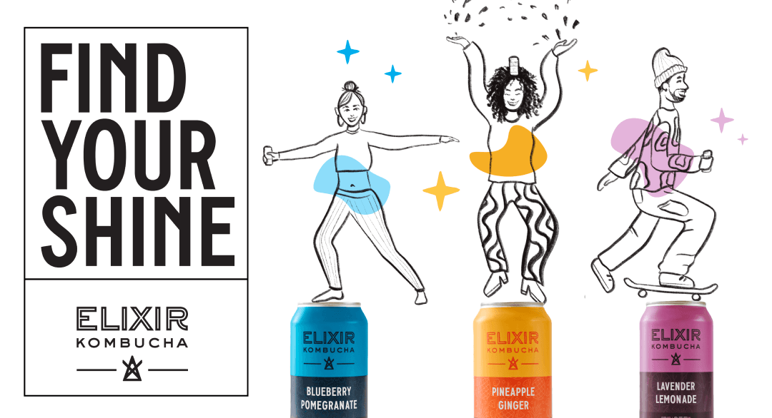 Find Your Shine brand campaign showing three illustrated figures dancing on kombucha cans in Blueberry Pomegranate, Pineapple Ginger, and Lavender Lemonade flavors
