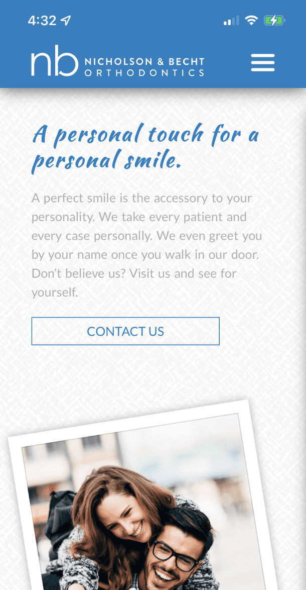 Mobile view of ‘A personal touch for a personal smile’ section with couple photo and contact button