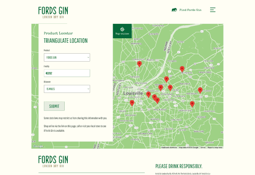 Desktop store locator page with product filter, zip code search, and interactive map showing Louisville area retailers