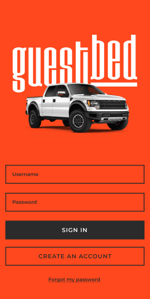 Mobile app sign in screen with Guestbed logo and truck imagery