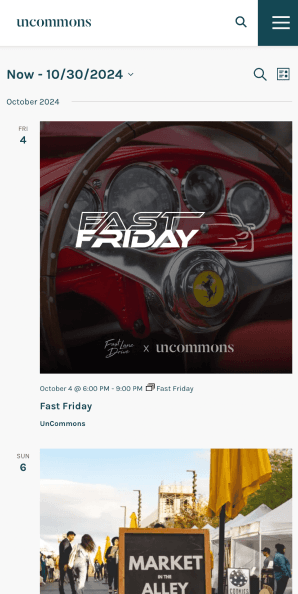 Mobile events calendar showing Fast Friday and upcoming event listings