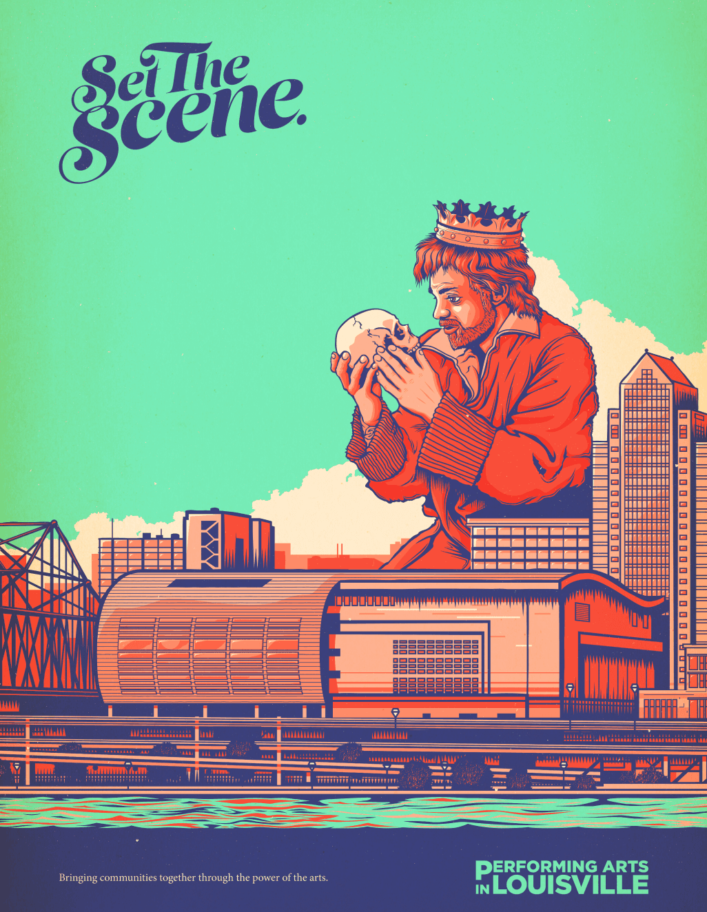 Campaign poster showing a theatrical actor as Hamlet holding a skull behind Louisville’s performing arts center