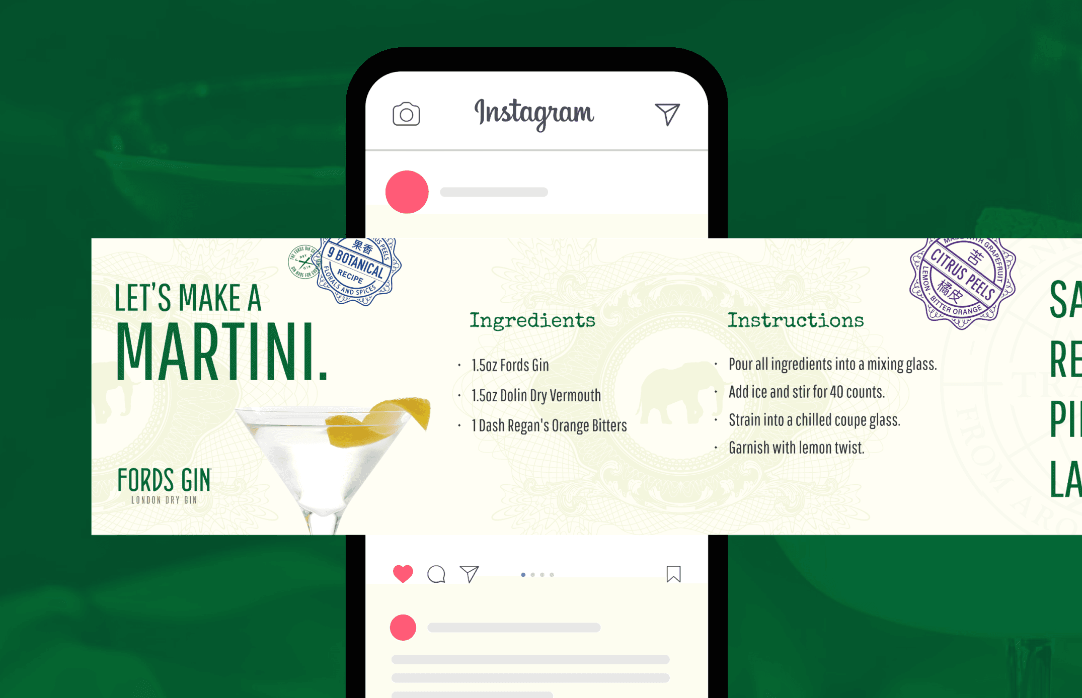 Instagram carousel ad mockup with martini recipe card showing ingredients and step-by-step instructions