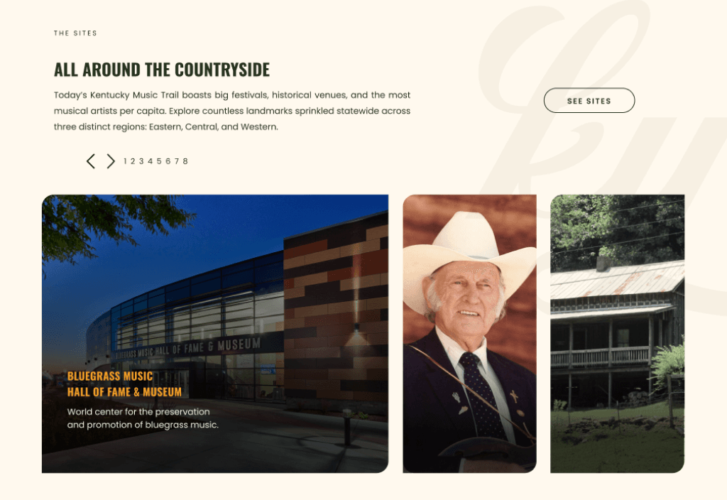 Website section featuring venues and sites across Kentucky’s countryside