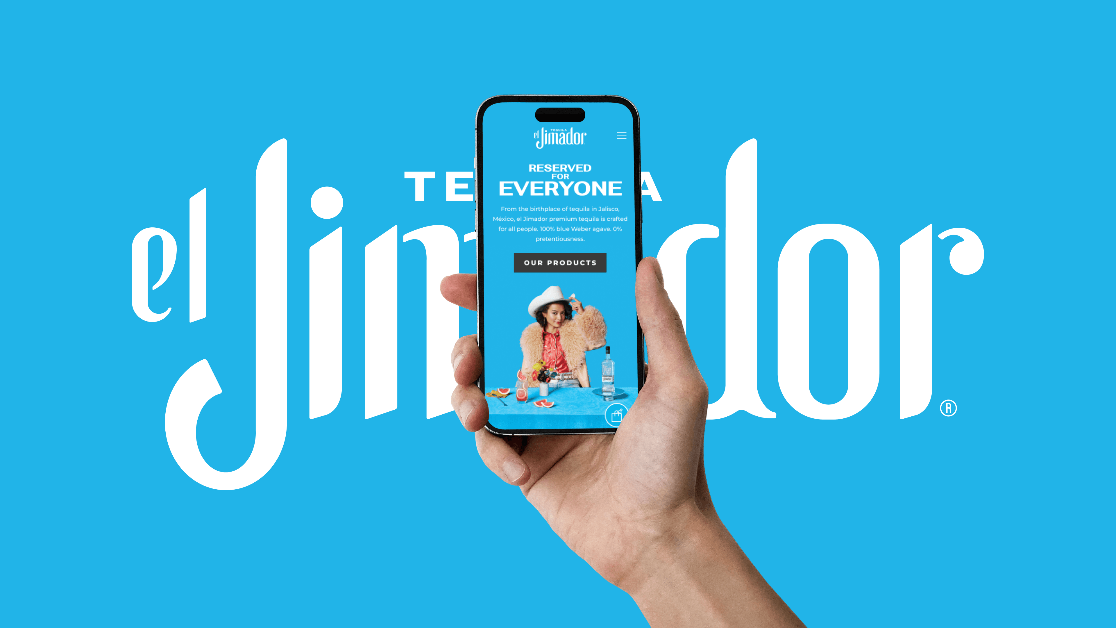 Mobile website hero showcase with hand holding iPhone displaying the homepage