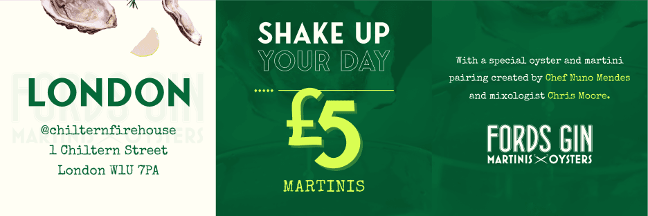 Promotional banner series for Martinis x Oysters campaign at Chiltern Firehouse London, featuring £5 martini offer