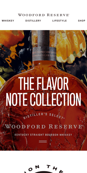 Mobile hero view of The Flavor Note Collection landing page with Woodford Reserve bottle