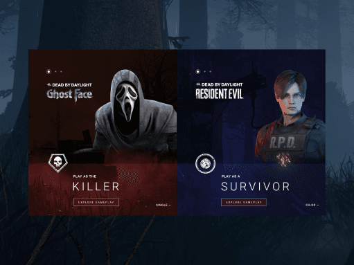 Character selection cards showcasing Ghost Face killer and Resident Evil survivor Leon Kennedy