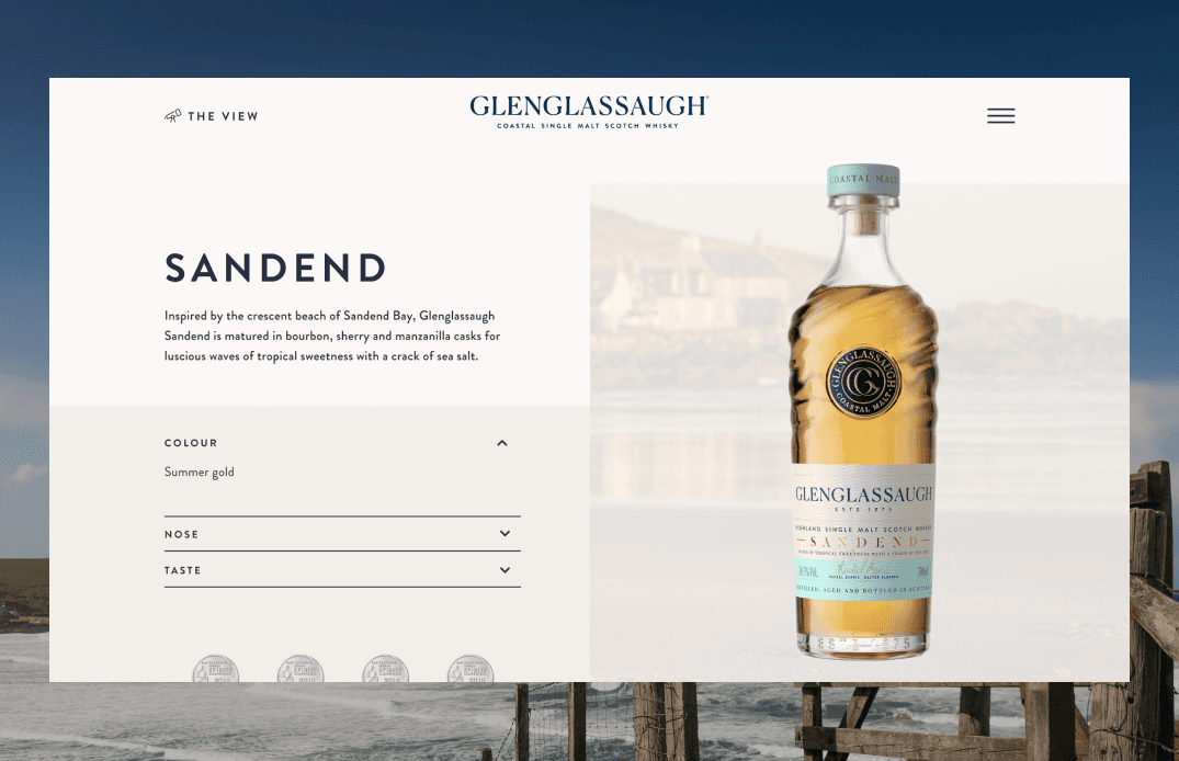 Desktop Sandend product detail page with expandable tasting notes and flavor profile