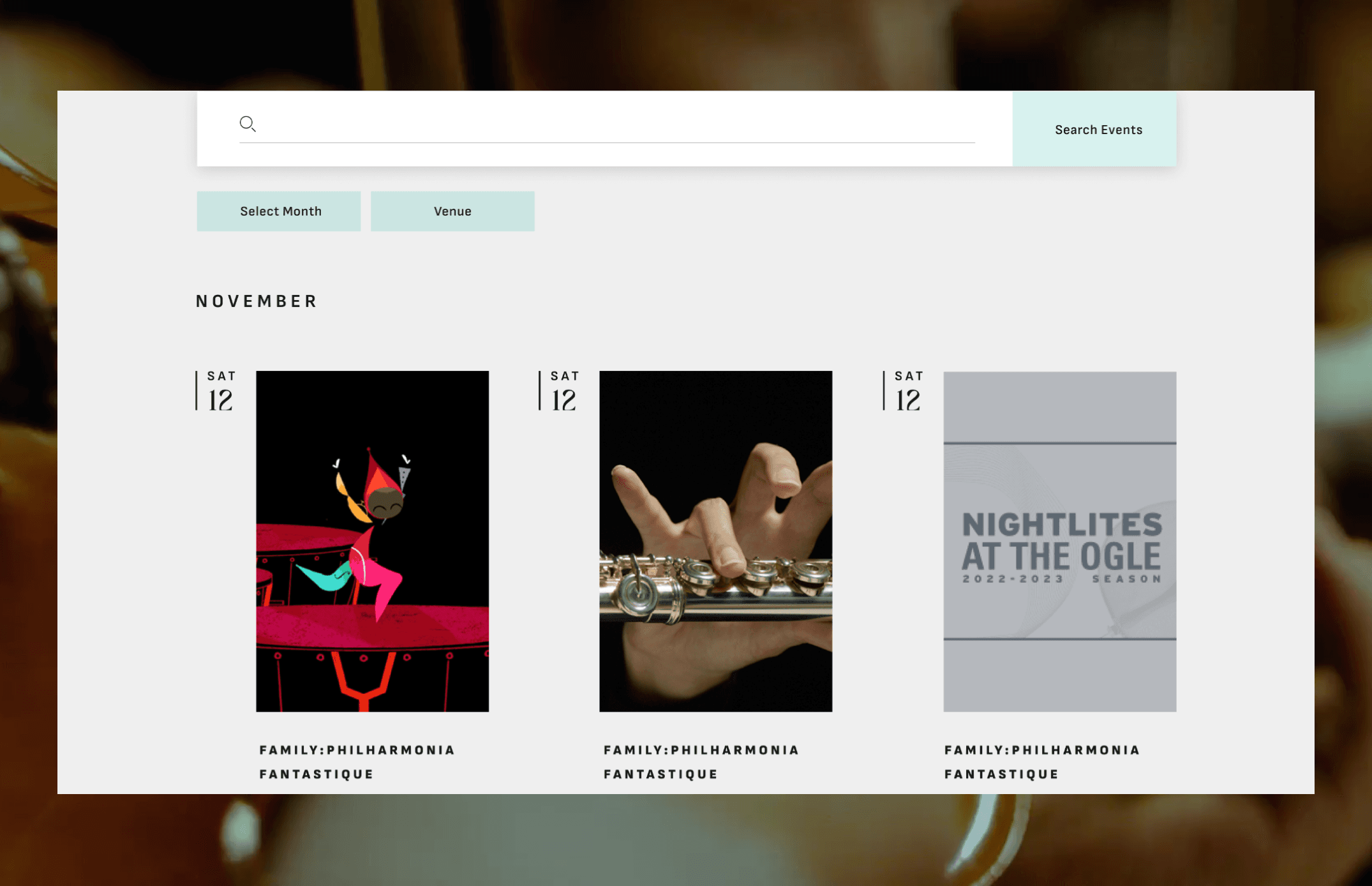 Events calendar page with November concert listings and search functionality