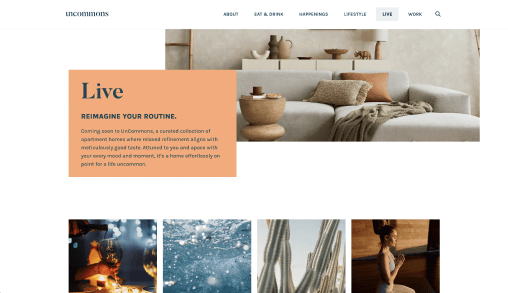 Live section promoting apartment living with modern interior styling and lifestyle imagery