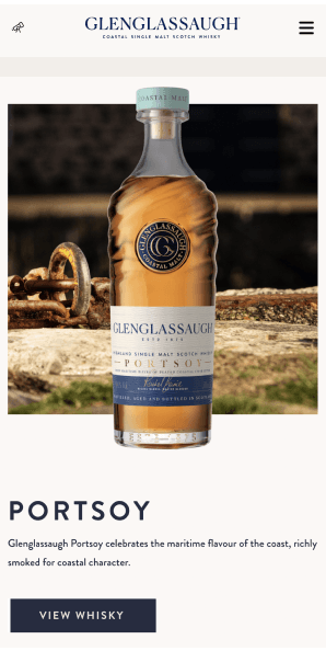 Mobile Portsoy product page featuring the smoky coastal character whisky