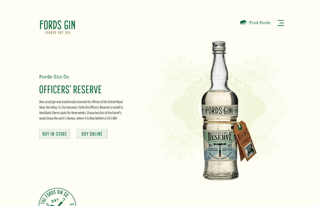 Officers’ Reserve product page with bottle photography and purchase options for in-store and online
