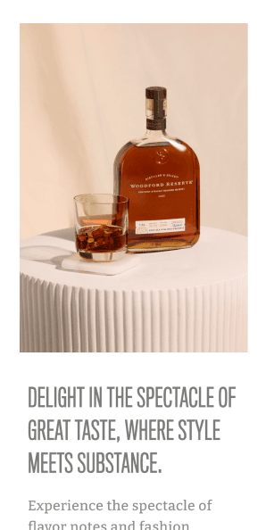 Mobile view of bourbon product photography with introductory text about the spectacle of great taste