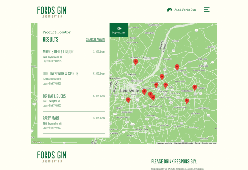 Desktop store locator results page showing nearby retailers with addresses and distances from Louisville