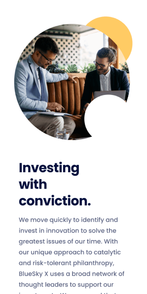 Mobile about section with Investing with conviction headline