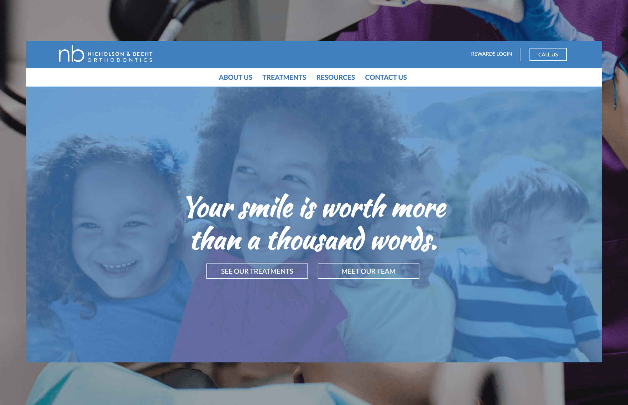 Homepage hero section featuring smiling children with the tagline ‘Your smile is worth more than a thousand words’