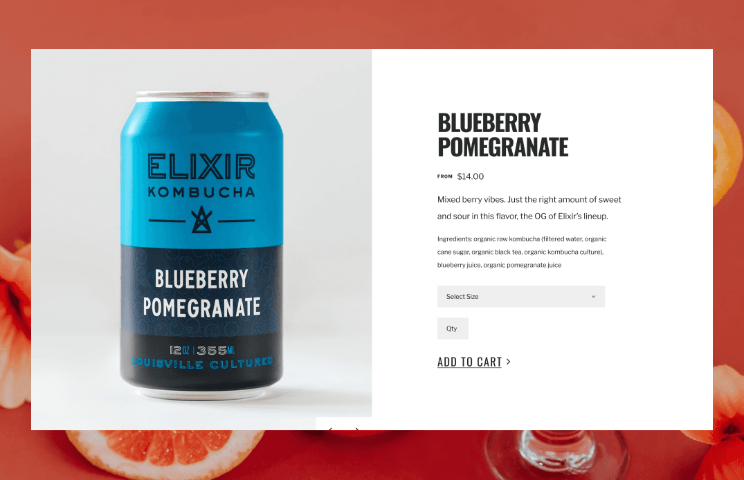 Product detail page design for Blueberry Pomegranate flavor with e-commerce functionality