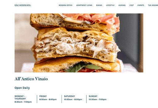 All’Antico Vinaio restaurant page showing Italian sandwich imagery and hours