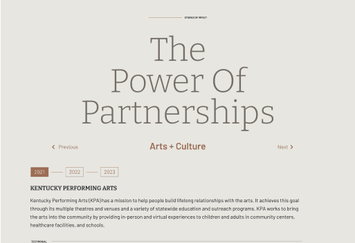 The Power of Partnerships page featuring Kentucky Performing Arts story with timeline navigation
