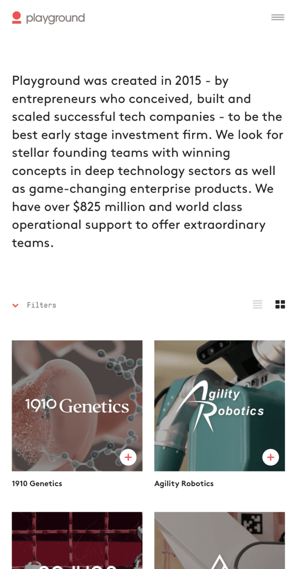 Mobile view of portfolio page with investment categories and company cards