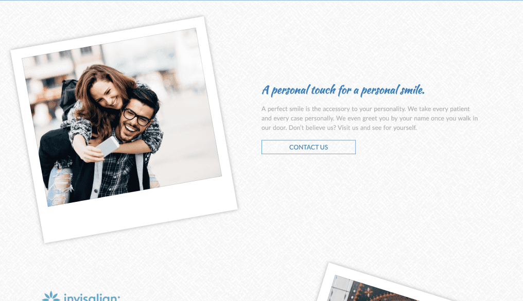 Website section showing ‘A personal touch for a personal smile’ with a couple embracing and smiling