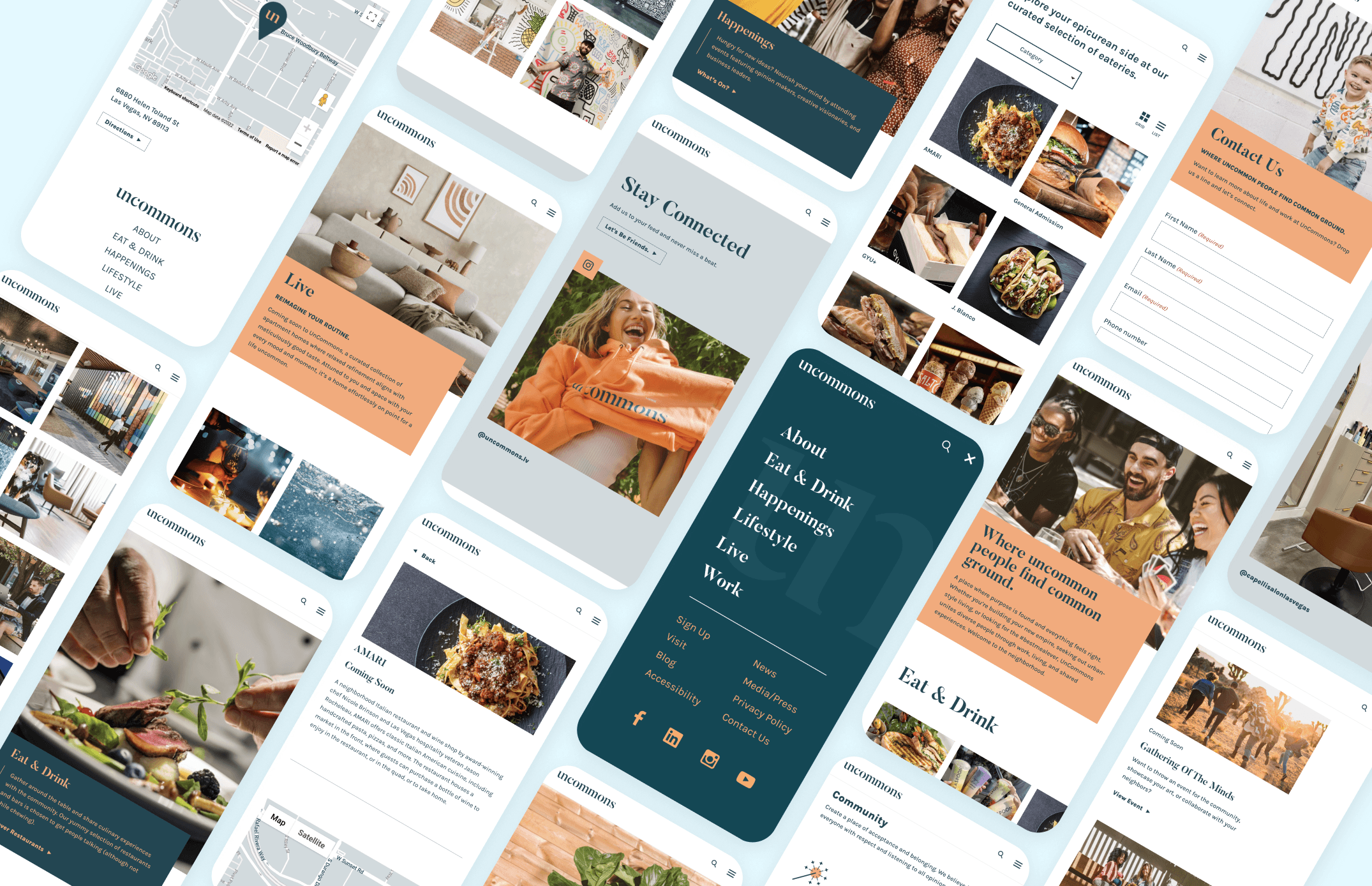 Collage of UnCommons mobile website screens showcasing the community’s lifestyle, dining, events, and living sections