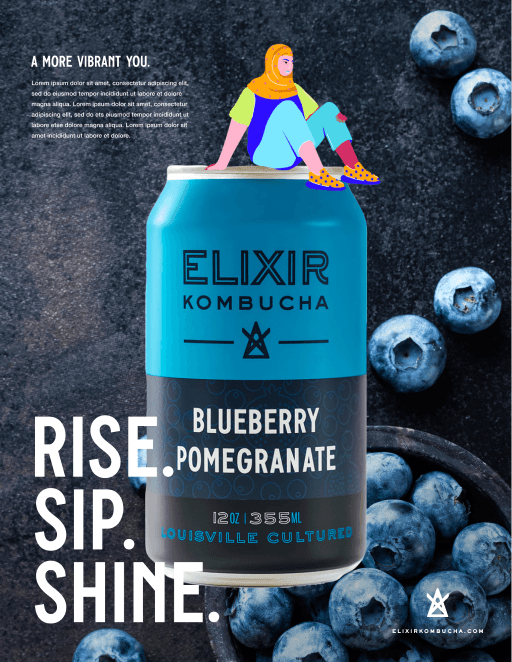 Rise. Sip. Shine. social ad featuring Blueberry Pomegranate kombucha can with blueberry imagery
