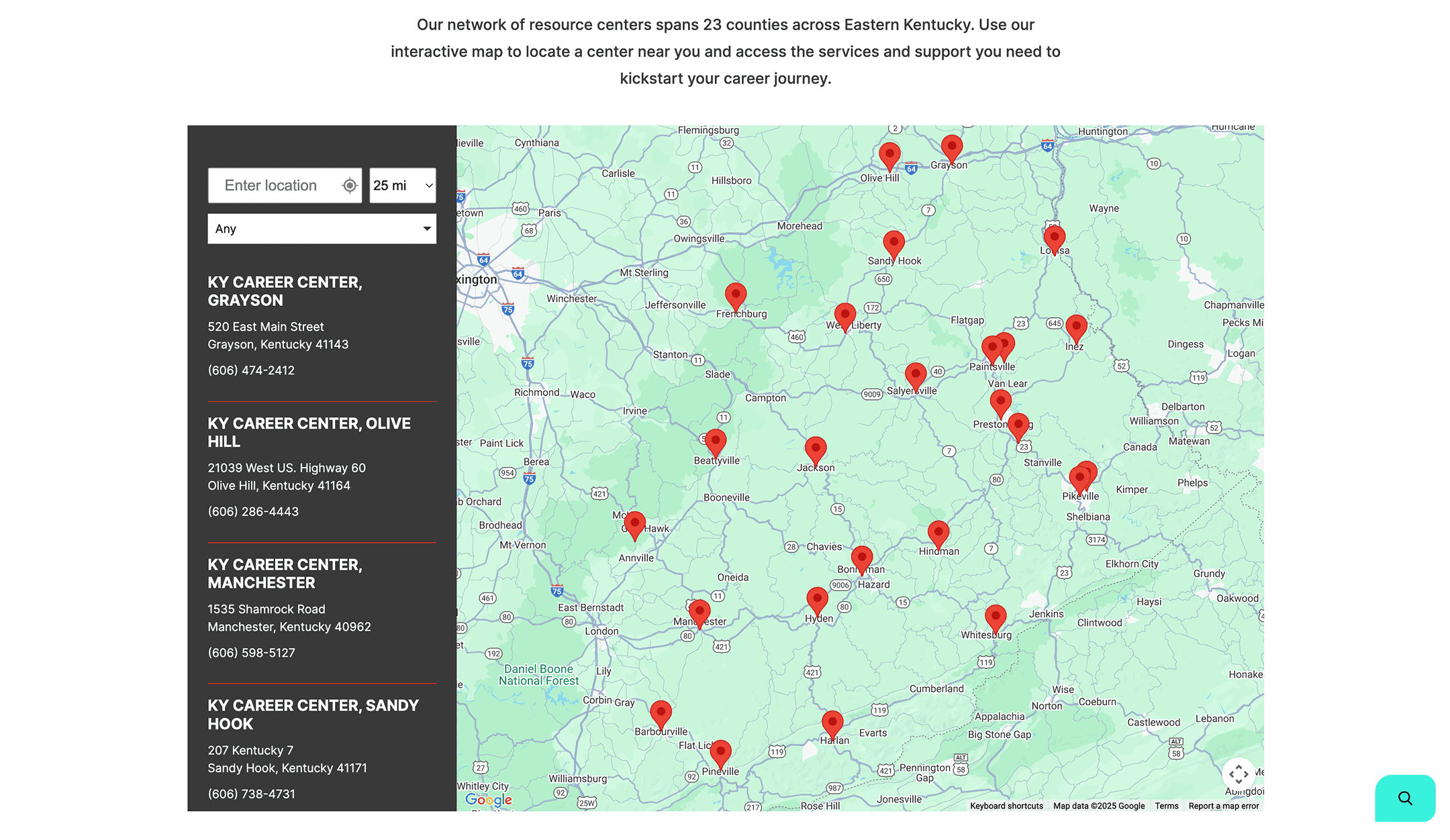 Interactive map showing Kentucky Career Centers across 23 Eastern Kentucky counties