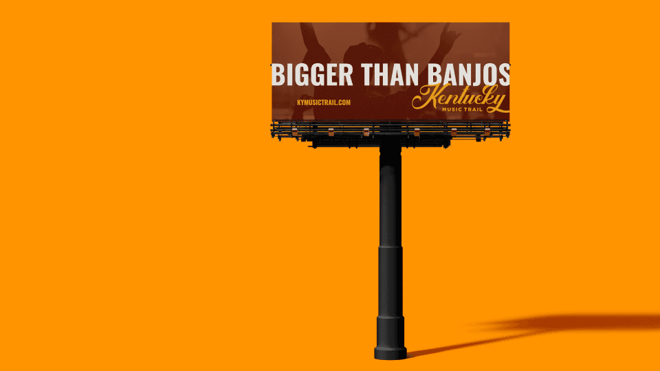Billboard mockup with Bigger Than Banjos tagline on orange background