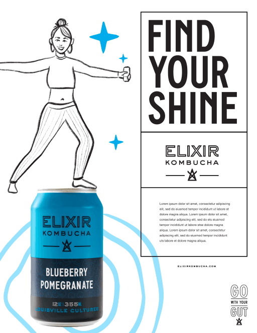 Find Your Shine promotional flyer featuring Blueberry Pomegranate kombucha with illustrated dancer and Go With Your Gut tagline