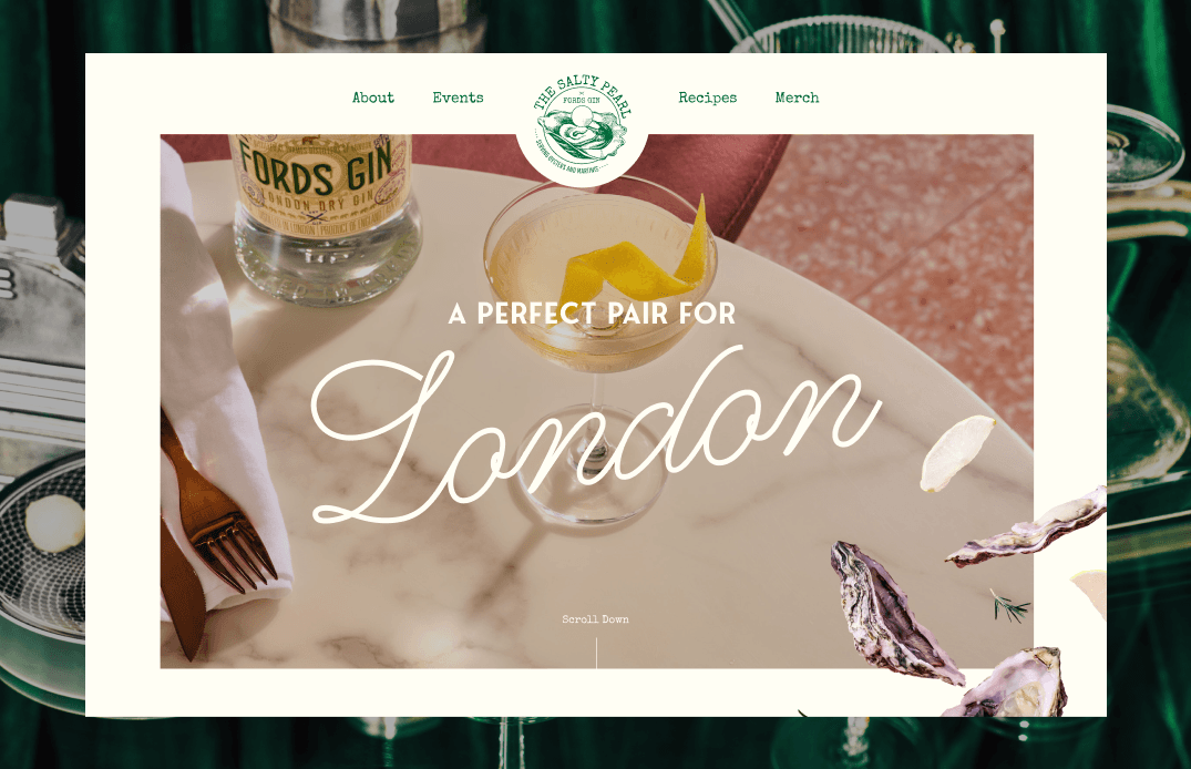 London event hero section with ‘A Perfect Pair for London’ script headline and elegant cocktail photography