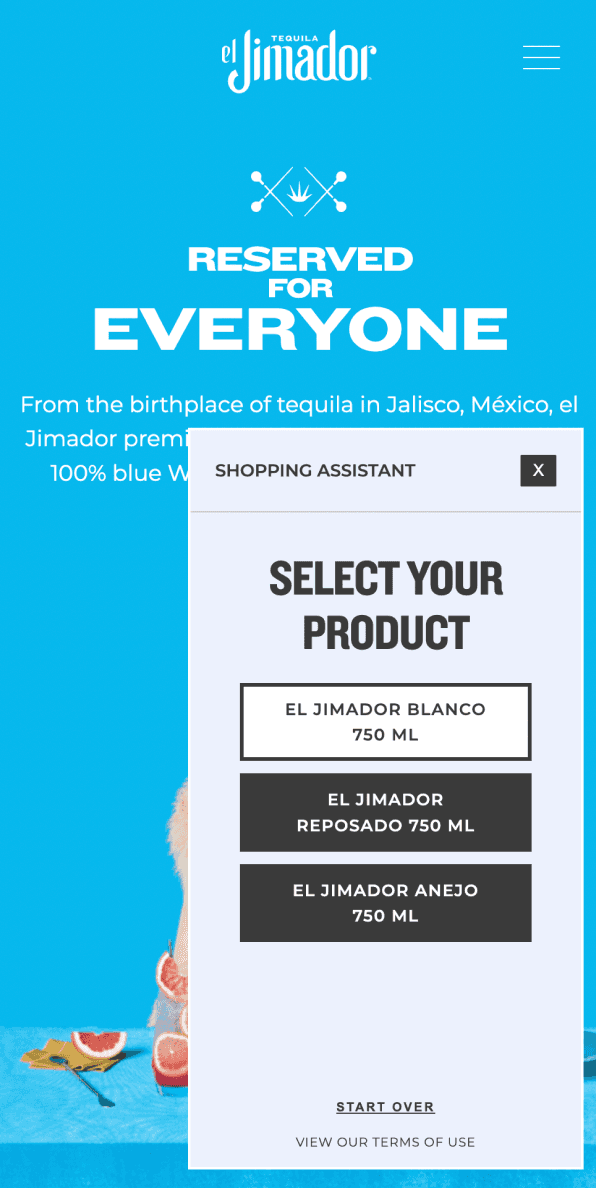 Mobile shopping assistant: product selection step with tequila variety options