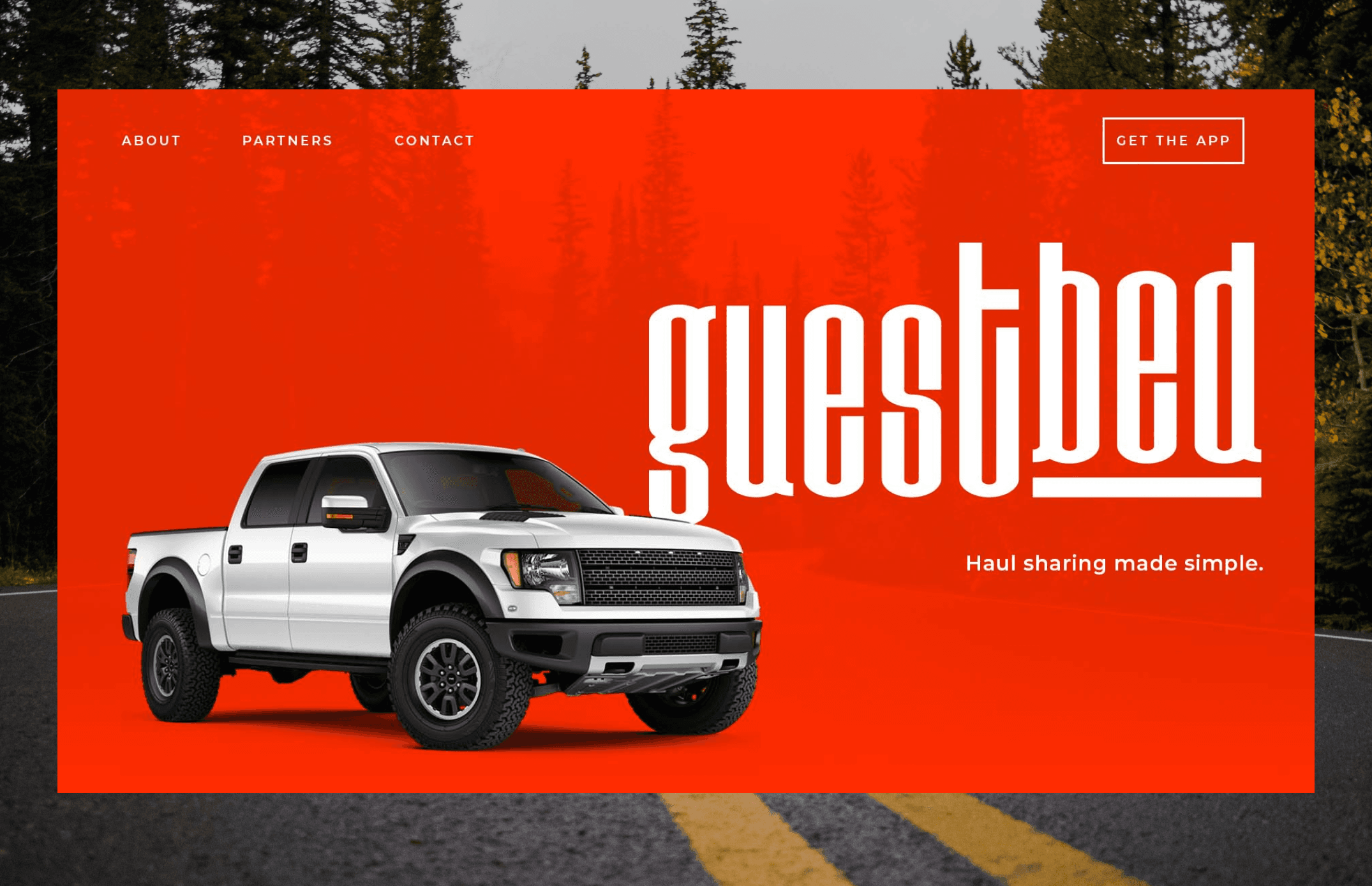 Guestbed homepage hero with pickup truck, bold logo, and tagline: Haul sharing made simple