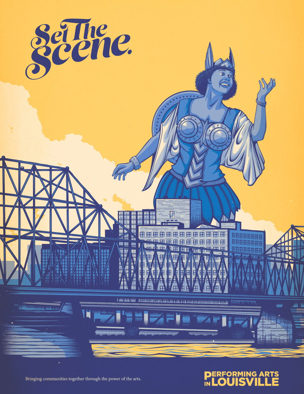 Campaign poster featuring an opera singer in Viking costume towering over Louisville’s bridges and waterfront