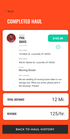 Completed haul details screen showing delivery summary with address, distance, and revenue