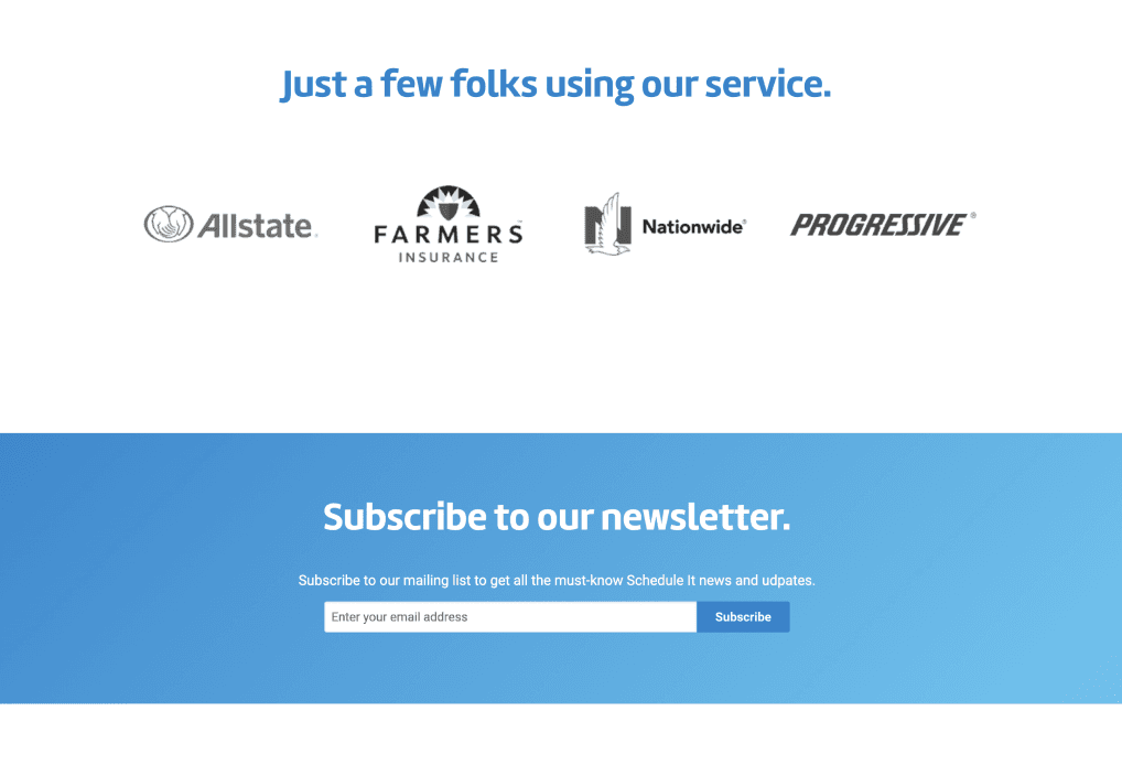 Client logos section featuring major insurance carriers including Allstate, Farmers, Nationwide, and Progressive with newsletter signup form