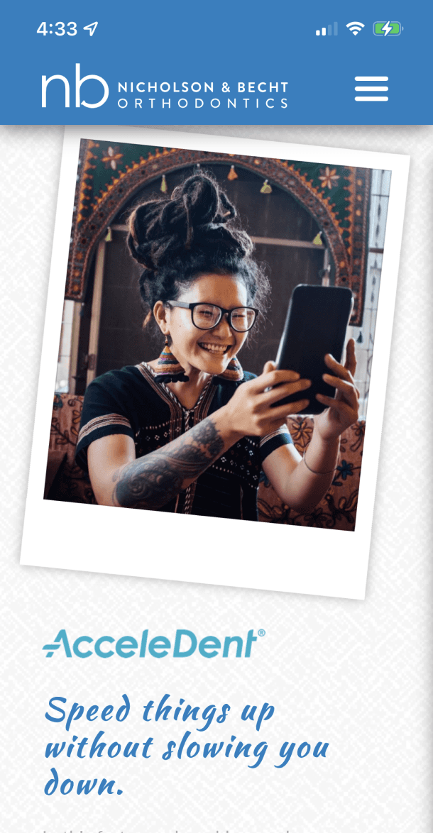 Mobile view of AcceleDent section featuring stylish woman with glasses taking a selfie