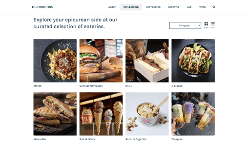 Eat & Drink section featuring a curated grid of restaurant offerings including tacos, burgers, and desserts