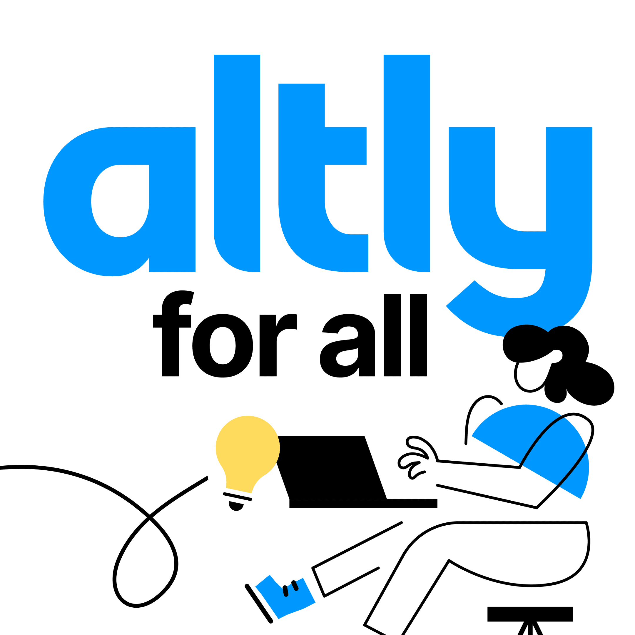 Altly for all campaign graphic with illustrated character using laptop